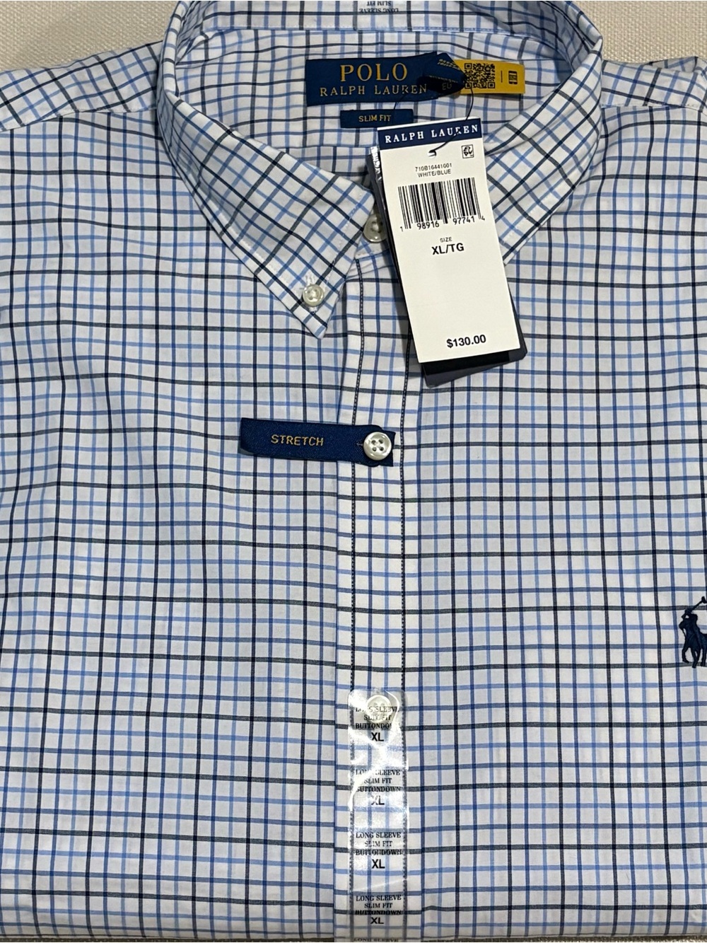 Polo by Ralph Lauren White Dress Shirt with Blue Windowpane Grid Men’s Slim XL